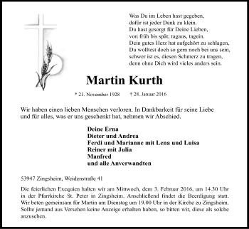 Anzeige von Martin Kurth von Kölner Stadt-Anzeiger / Kölnische Rundschau / Express