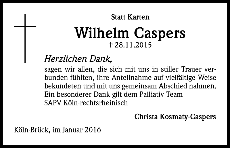  Traueranzeige für Wilhelm Caspers vom 09.01.2016 aus Kölner Stadt-Anzeiger / Kölnische Rundschau / Express