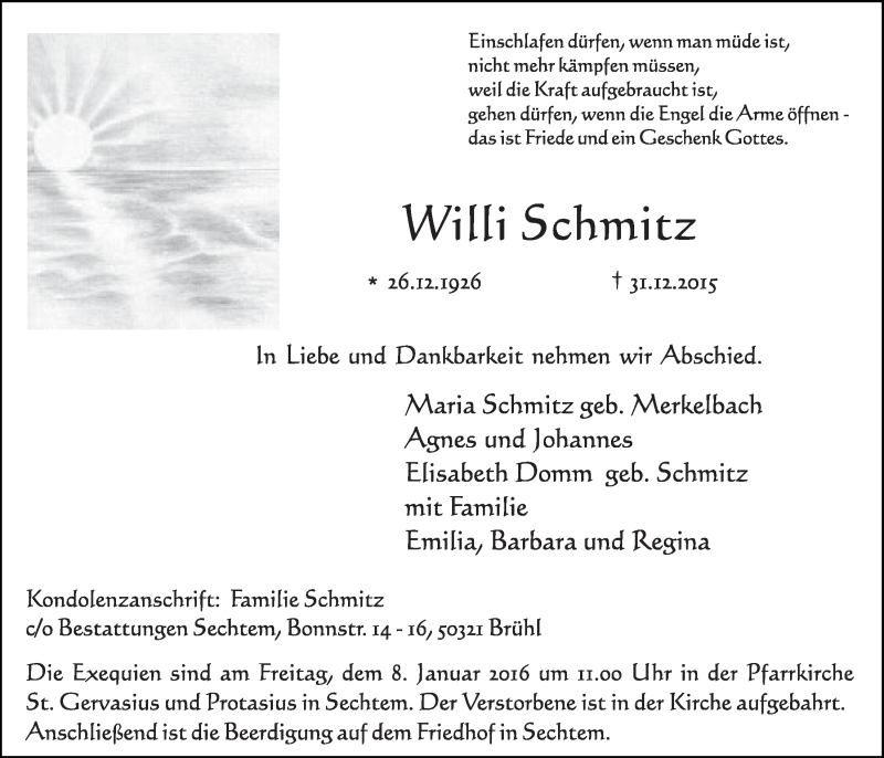 Traueranzeige für Willi Schmitz vom 06.01.2016 aus  Schlossbote/Werbekurier 