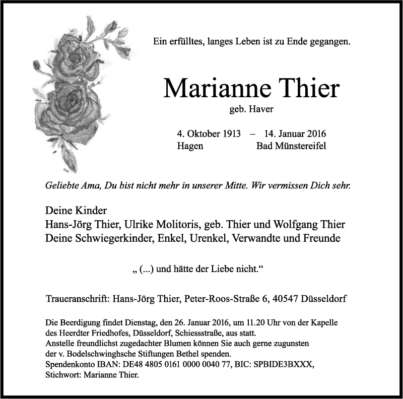  Traueranzeige für Marianne Thier vom 23.01.2016 aus Kölner Stadt-Anzeiger / Kölnische Rundschau / Express