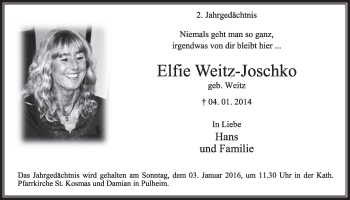 Anzeige von Elfie Weitz-Joschko von  Sonntags-Post 
