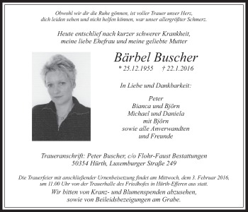 Anzeige von Bärbel Buscher von  Wochenende 