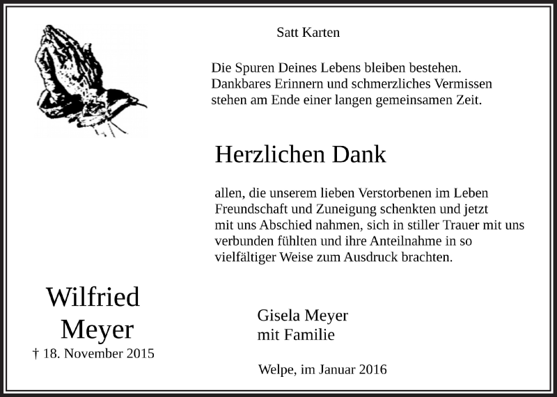  Traueranzeige für Wilfried Meyer vom 06.01.2016 aus  Lokalanzeiger 