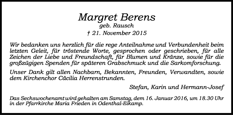  Traueranzeige für Margret Berens vom 09.01.2016 aus Kölner Stadt-Anzeiger / Kölnische Rundschau / Express