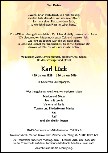 Anzeige von Karl Lück von Kölner Stadt-Anzeiger / Kölnische Rundschau / Express