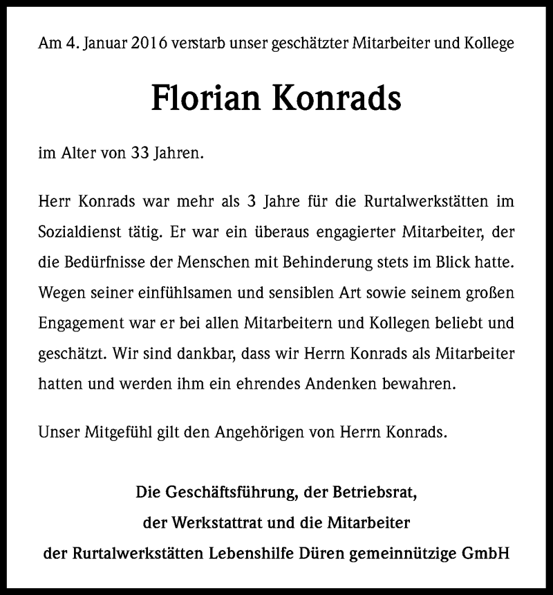 Traueranzeige für Florian Konrads vom 09.01.2016 aus Kölner Stadt-Anzeiger / Kölnische Rundschau / Express