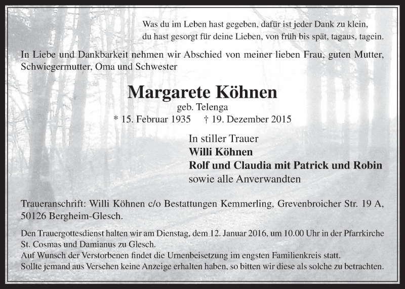  Traueranzeige für Margarete Köhnen vom 06.01.2016 aus  Werbepost 