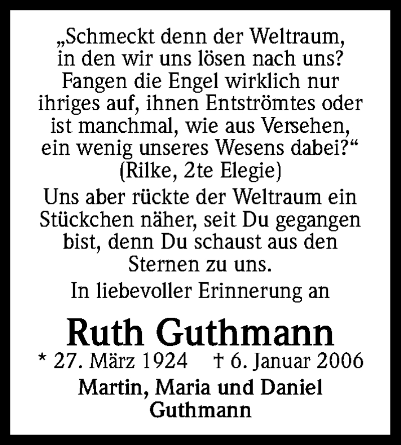  Traueranzeige für Ruth Guthmann vom 06.01.2016 aus Kölner Stadt-Anzeiger / Kölnische Rundschau / Express