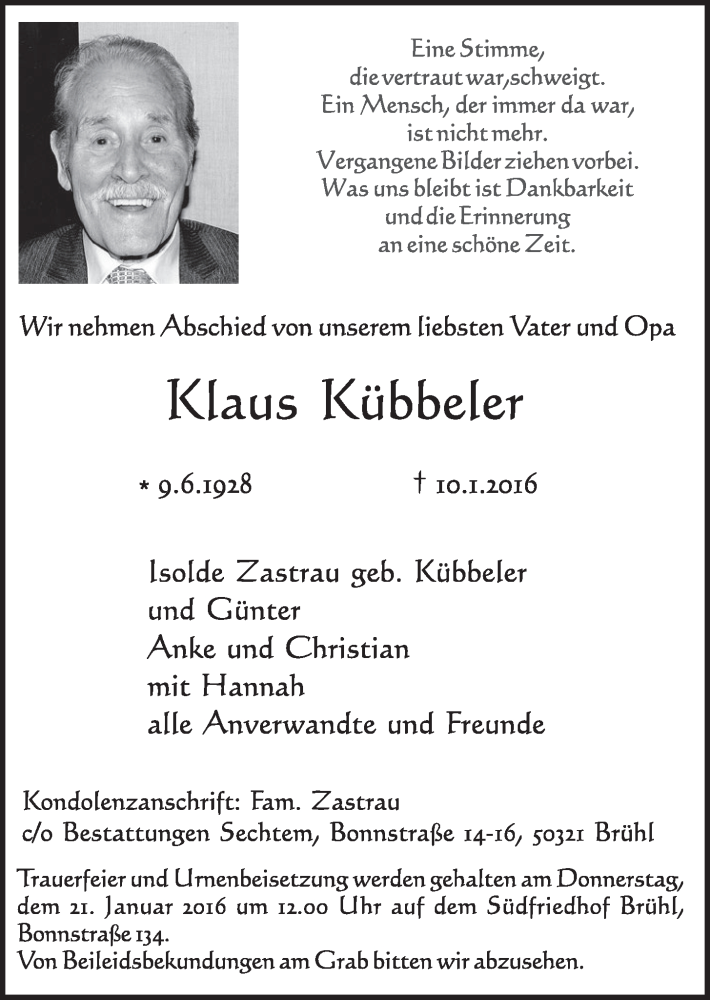  Traueranzeige für Klaus Kübbeler vom 13.01.2016 aus  Wochenende  Schlossbote/Werbekurier 