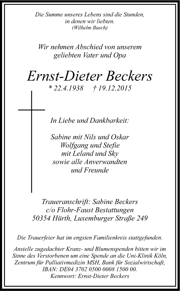  Traueranzeige für Ernst-Dieter Beckers vom 02.01.2016 aus Kölner Stadt-Anzeiger / Kölnische Rundschau / Express