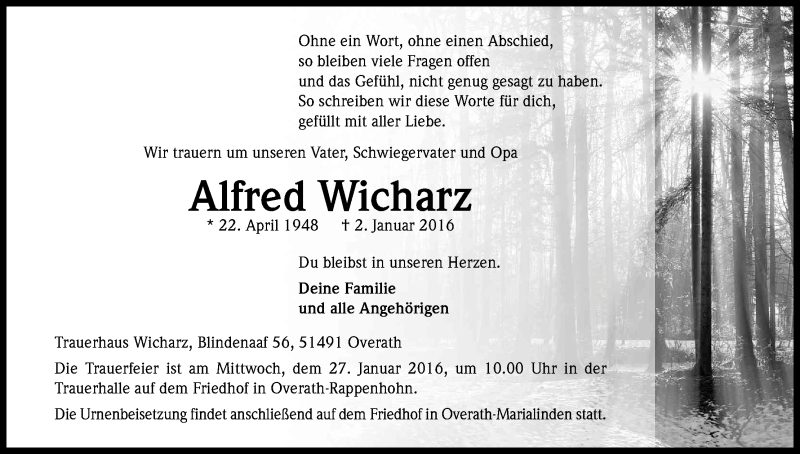  Traueranzeige für Alfred Wicharz vom 16.01.2016 aus Kölner Stadt-Anzeiger / Kölnische Rundschau / Express