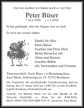 Anzeige von Peter Büser von  Schaufenster/Blickpunkt 