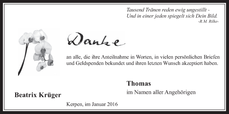  Traueranzeige für Beatrix Krüger vom 13.01.2016 aus  Werbepost 