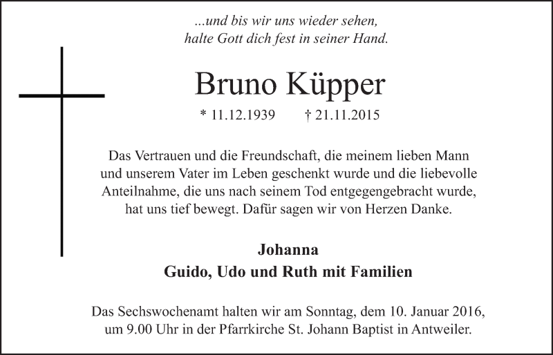  Traueranzeige für Bruno Küpper vom 03.01.2016 aus  Blickpunkt Euskirchen 