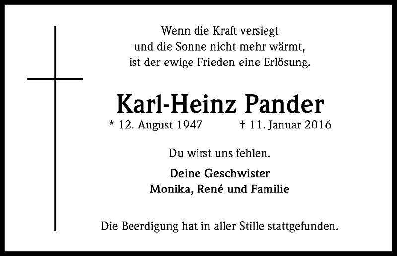  Traueranzeige für Karl-Heinz Pander vom 23.01.2016 aus Kölner Stadt-Anzeiger / Kölnische Rundschau / Express