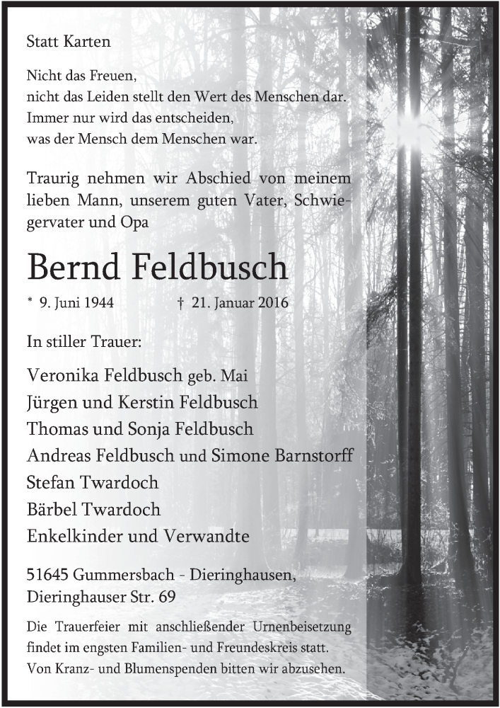  Traueranzeige für Bernd Feldbusch vom 27.01.2016 aus  Anzeigen Echo 