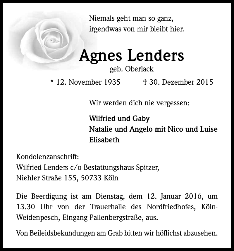 Traueranzeige für Agnes Lenders vom 09.01.2016 aus Kölner Stadt-Anzeiger / Kölnische Rundschau / Express