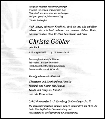 Anzeige von Christa Göbler von Kölner Stadt-Anzeiger / Kölnische Rundschau / Express