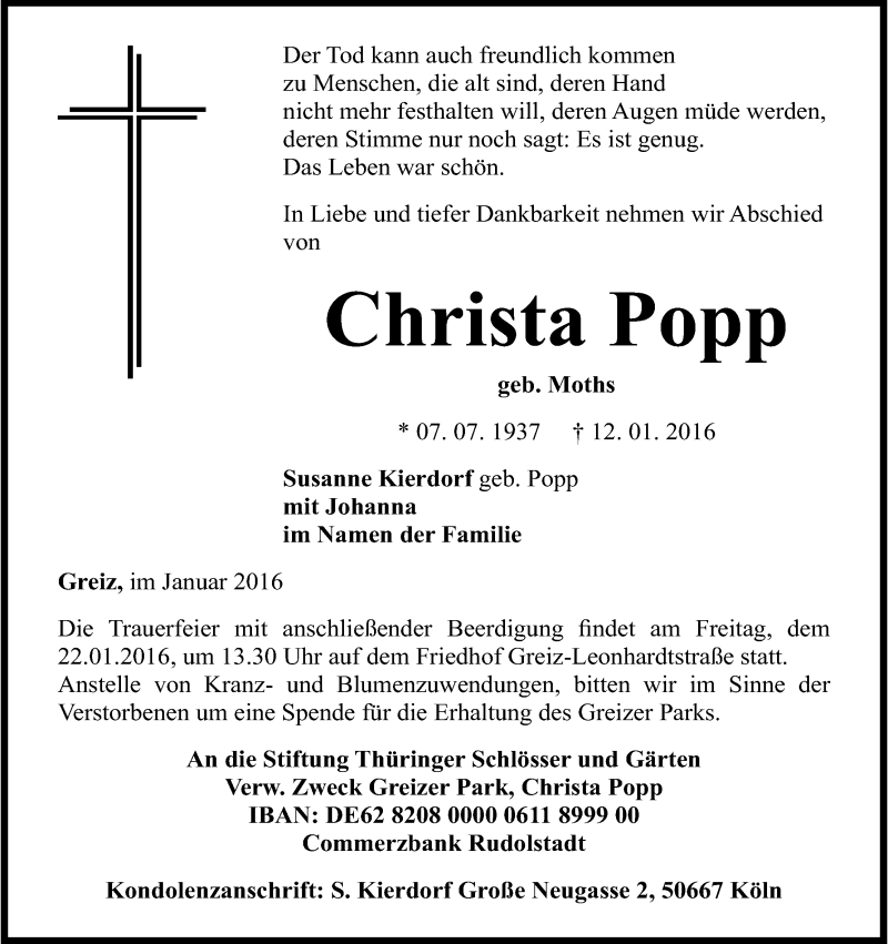  Traueranzeige für Christa Popp vom 16.01.2016 aus Kölner Stadt-Anzeiger / Kölnische Rundschau / Express