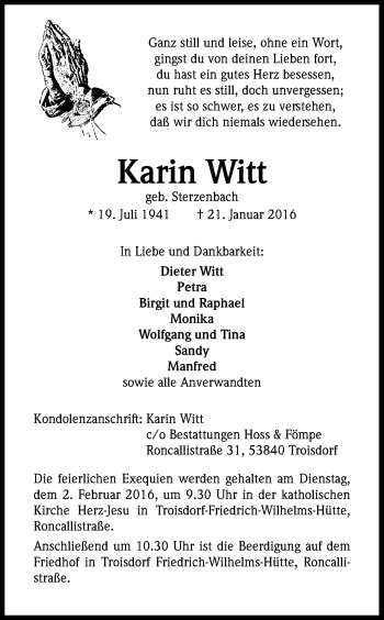Anzeige von Karin Witt von Kölner Stadt-Anzeiger / Kölnische Rundschau / Express