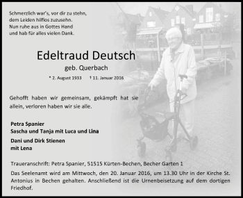 Anzeige von Edeltraud Deutsch von Kölner Stadt-Anzeiger / Kölnische Rundschau / Express