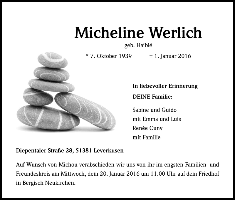  Traueranzeige für Micheline Werlich vom 15.01.2016 aus Kölner Stadt-Anzeiger / Kölnische Rundschau / Express
