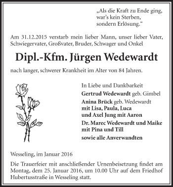 Anzeige von Jürgen Wedewardt von  Schlossbote/Werbekurier 