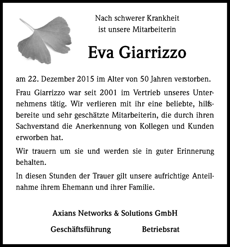  Traueranzeige für Eva Giarrizzo vom 09.01.2016 aus Kölner Stadt-Anzeiger / Kölnische Rundschau / Express