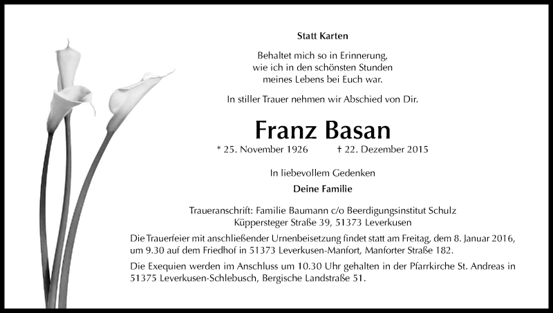  Traueranzeige für Franz Basan vom 05.01.2016 aus Kölner Stadt-Anzeiger / Kölnische Rundschau / Express