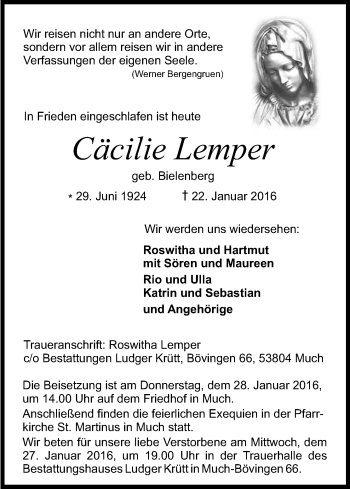 Anzeige von Cäcilie Lemper von Kölner Stadt-Anzeiger / Kölnische Rundschau / Express
