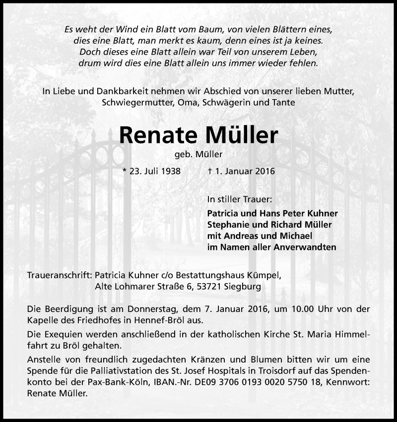  Traueranzeige für Renate Müller vom 05.01.2016 aus Kölner Stadt-Anzeiger / Kölnische Rundschau / Express