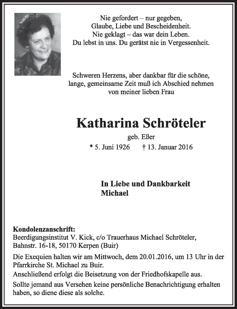 Traueranzeige für Katharina Schröteler vom 16.01.2016 aus  Sonntags-Post 