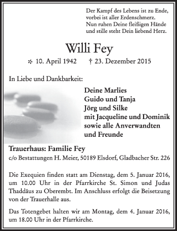 Anzeige von Willi Fey von  Sonntags-Post 