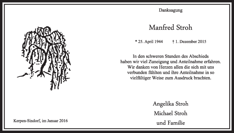  Traueranzeige für Manfred Stroh vom 16.01.2016 aus  Sonntags-Post 