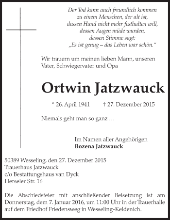 Anzeige von Ortwin Jatzwauck von  Schlossbote/Werbekurier 