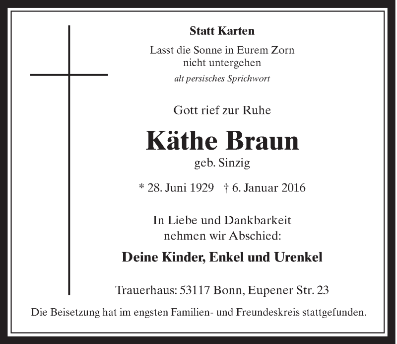  Traueranzeige für Käthe Braun vom 20.01.2016 aus  Schaufenster/Blickpunkt 