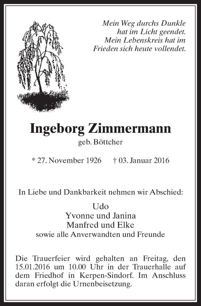  Traueranzeige für Ingeborg Zimmermann vom 13.01.2016 aus  Werbepost 