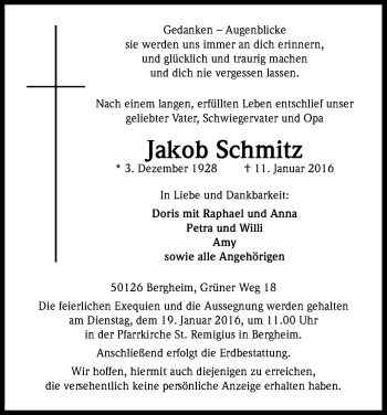 Anzeige von Jakob Schmitz von Kölner Stadt-Anzeiger / Kölnische Rundschau / Express