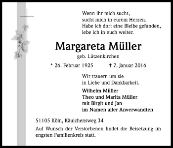 Anzeige von Margareta Müller von Kölner Stadt-Anzeiger / Kölnische Rundschau / Express