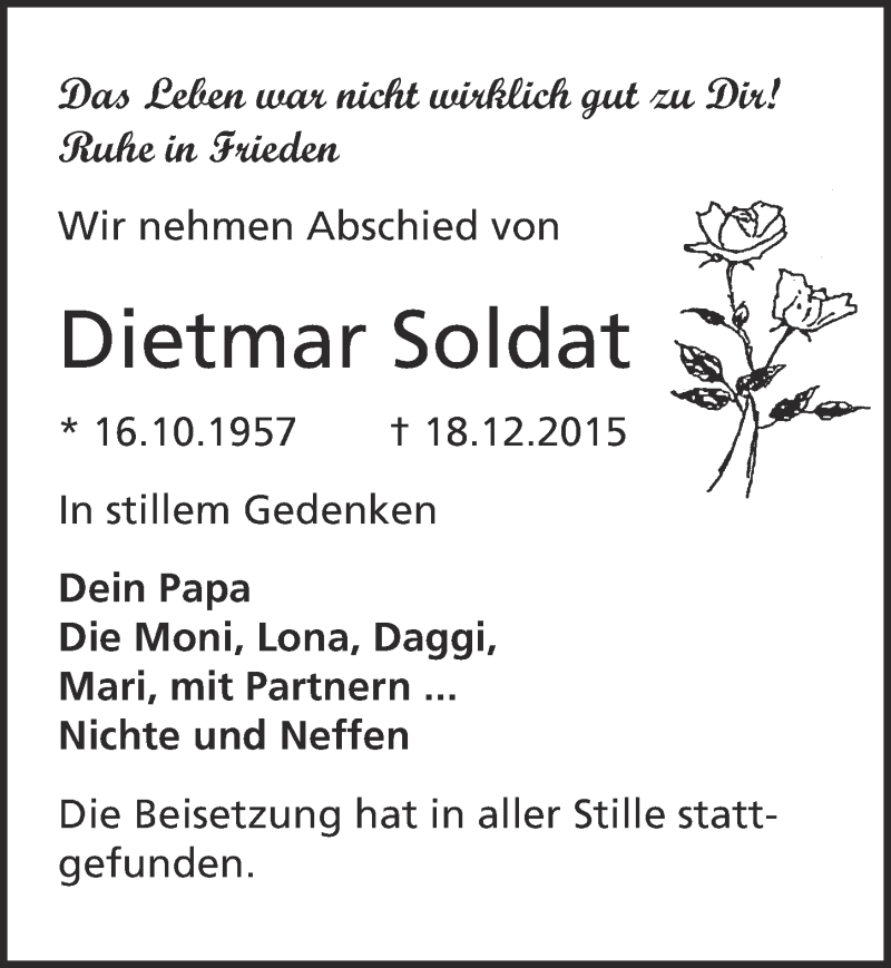  Traueranzeige für Dietmar Soldat vom 27.01.2016 aus  Wochenende 