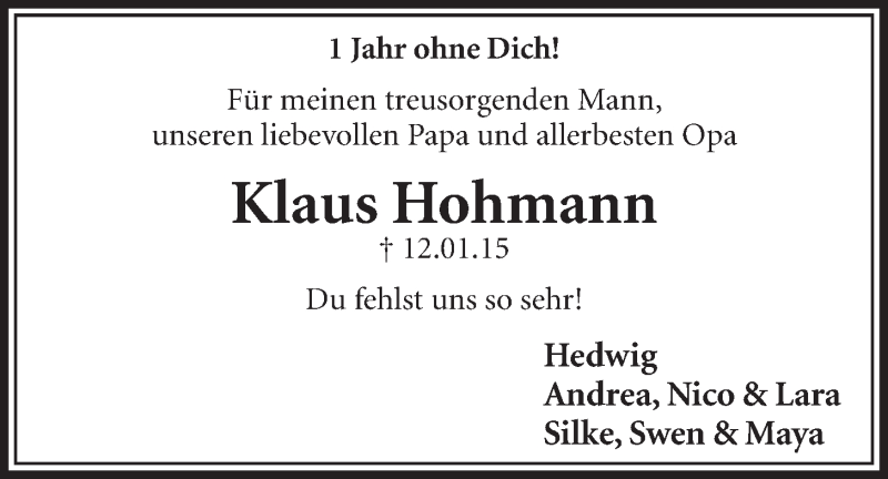  Traueranzeige für Klaus Hohmann vom 13.01.2016 aus  Schlossbote/Werbekurier 