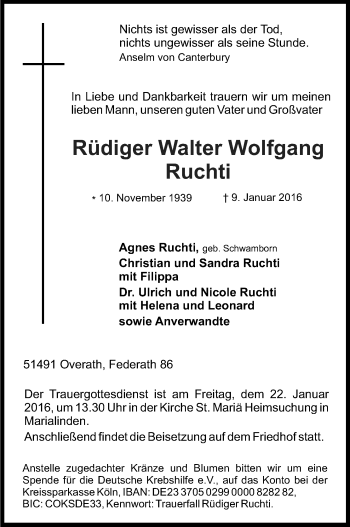 Anzeige von Rüdiger Walter Wolfgang Ruchti von Kölner Stadt-Anzeiger / Kölnische Rundschau / Express