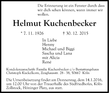 Anzeige von Helmut Kuchenbecker von Kölner Stadt-Anzeiger / Kölnische Rundschau / Express