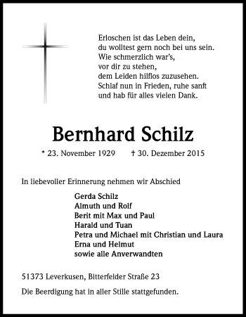 Anzeige von Bernhard Schilz von Kölner Stadt-Anzeiger / Kölnische Rundschau / Express