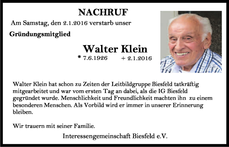  Traueranzeige für Walter Klein vom 08.01.2016 aus Kölner Stadt-Anzeiger / Kölnische Rundschau / Express