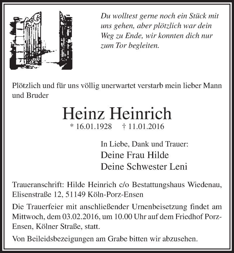  Traueranzeige für Heinz Heinrich vom 30.01.2016 aus 