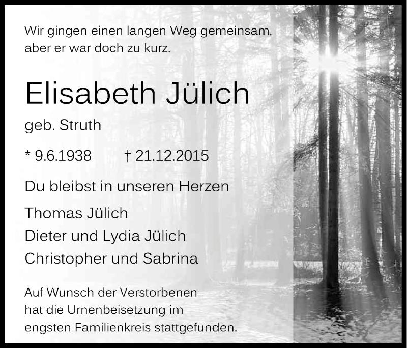  Traueranzeige für Elisabeth Jülich vom 09.01.2016 aus Kölner Stadt-Anzeiger / Kölnische Rundschau / Express
