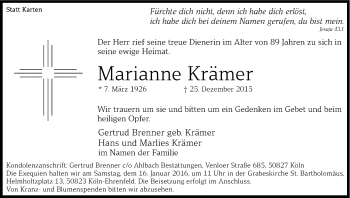 Anzeige von Marianne Krämer von Kölner Stadt-Anzeiger / Kölnische Rundschau / Express