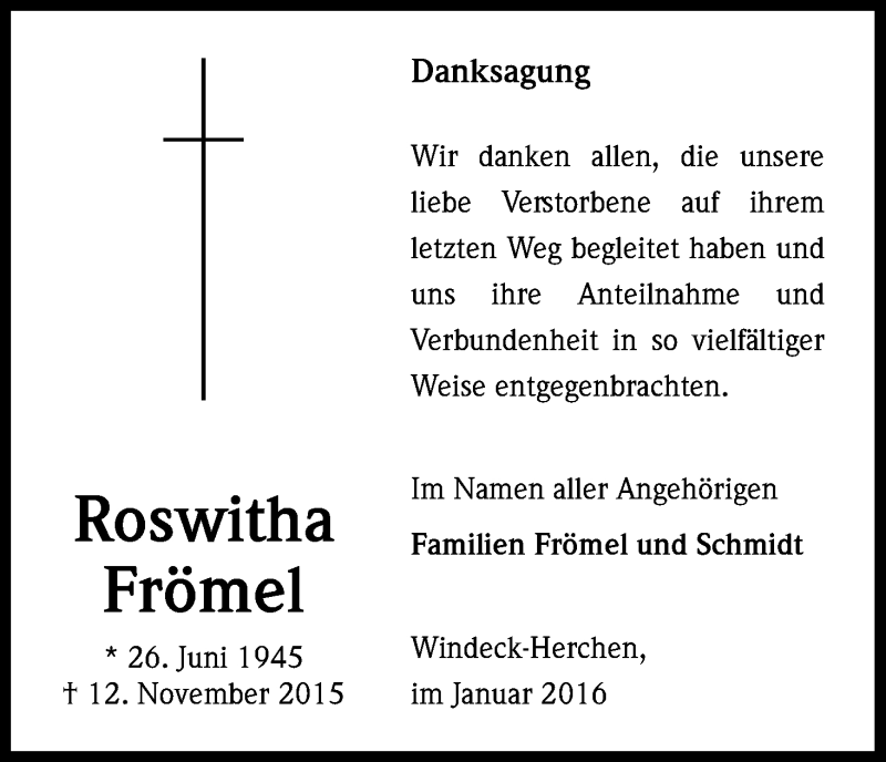  Traueranzeige für Roswitha Frömel vom 30.01.2016 aus Kölner Stadt-Anzeiger / Kölnische Rundschau / Express