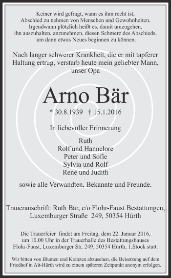 Anzeige von Arno Bär von  Wochenende 